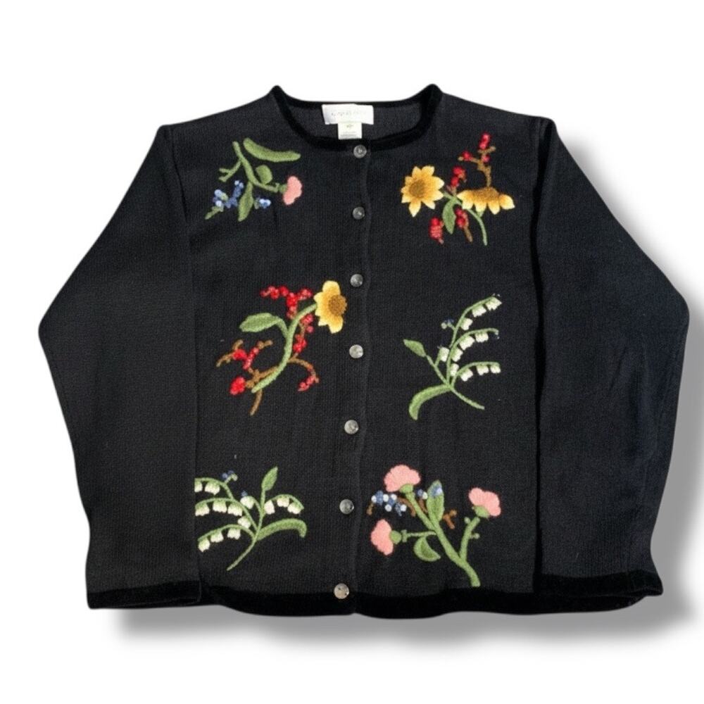 Vintage Black Floral Embroidered Cotton Cardigan Dark Romance Knit Sweater